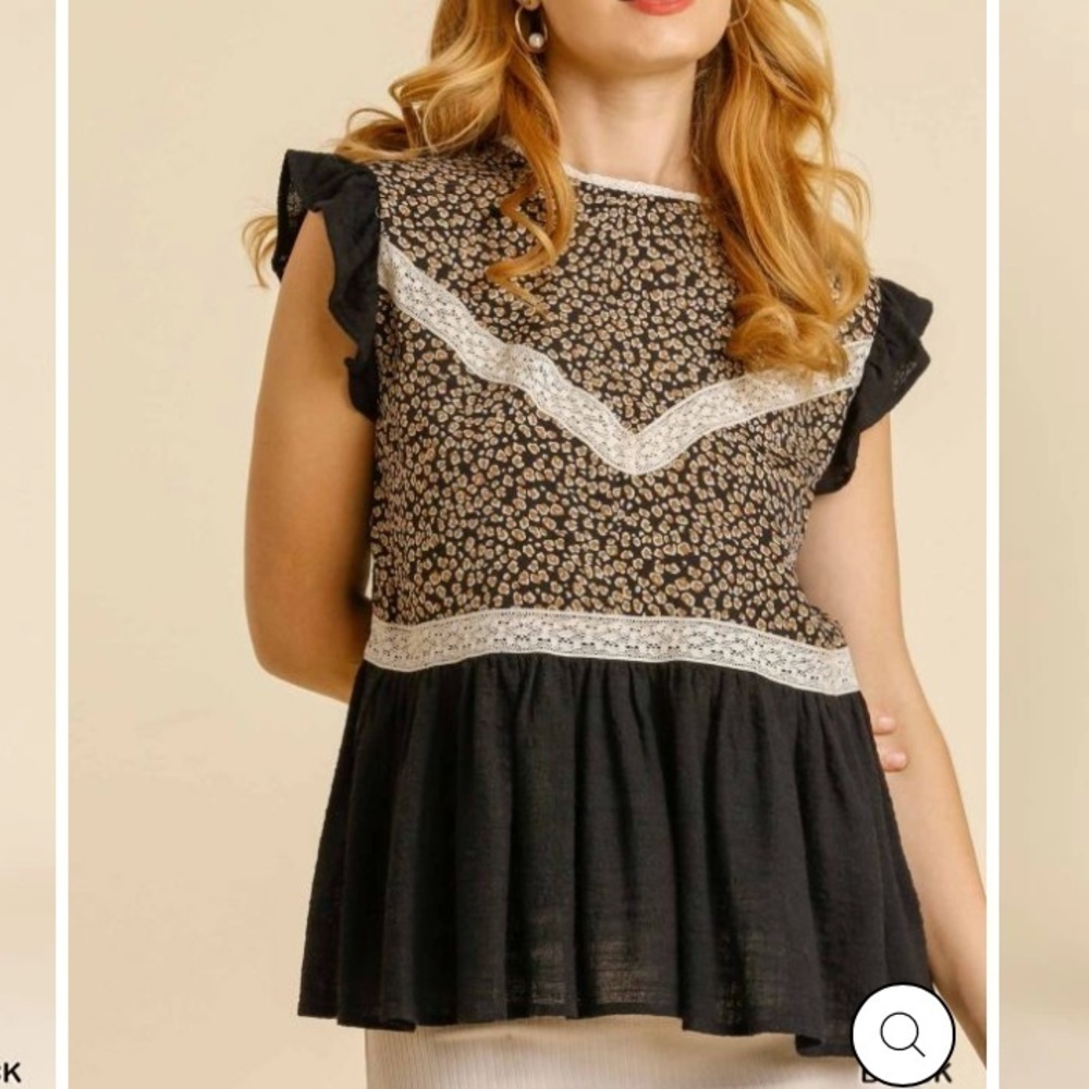Umgee beige Black Animal Cheetah Print Flowy Blouse M‎ SHORT RUFFLE SLEEVE SHIRT